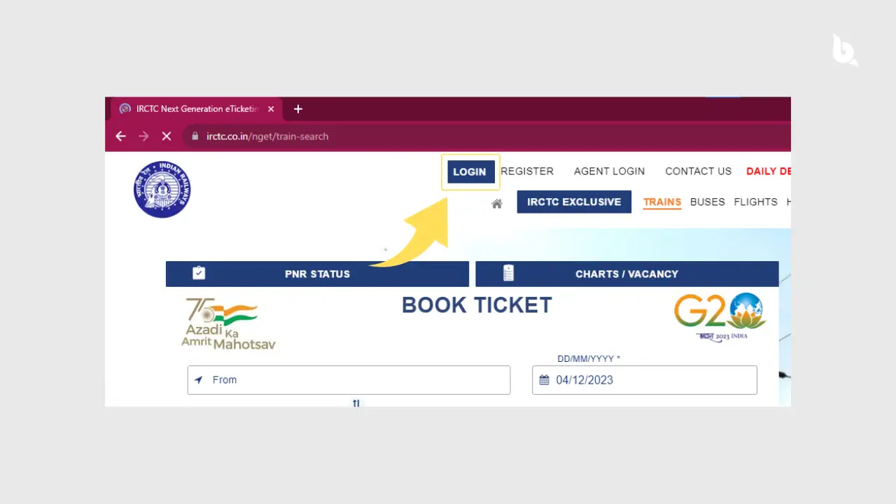 Click on Login option in header (how to create irctc account in hindi)