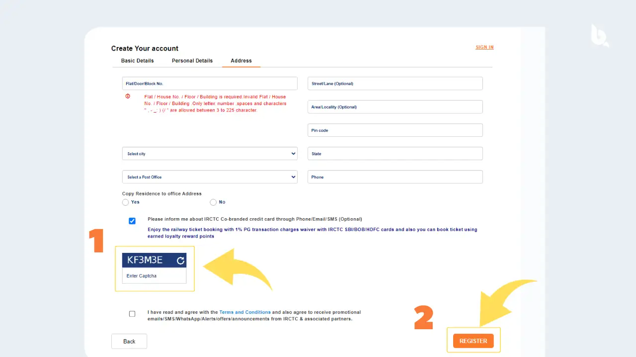 Fill Captcha below and Click on Register button (how to create irctc account in hindi)