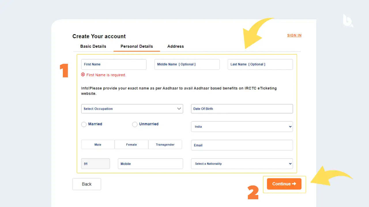 Fill your Personal Details and press on Continue button below  (how to create irctc account in hindi)