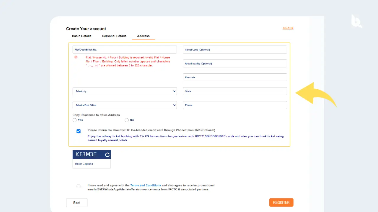 Fill your full Address (how to create irctc account in hindi)