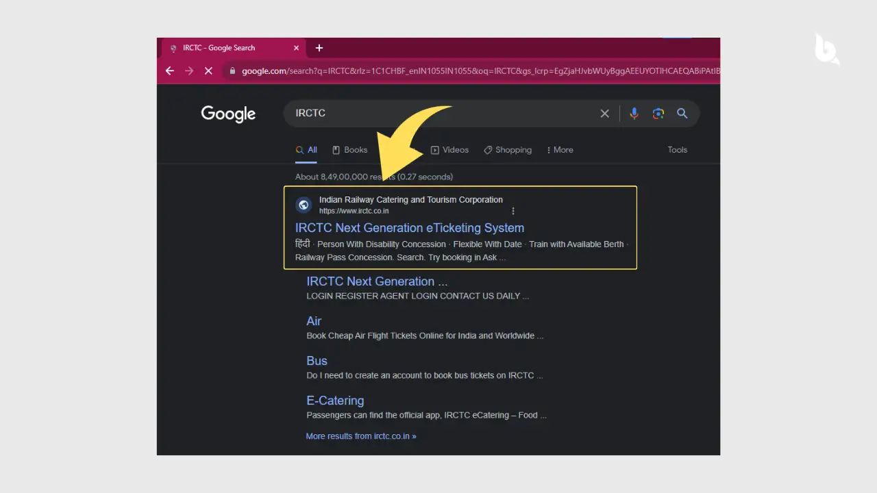 Visit official website of IRCTC from result  (how to create irctc account in hindi)